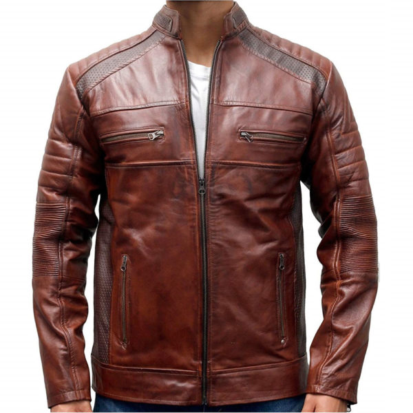 Men's brown leather café racer jacket
