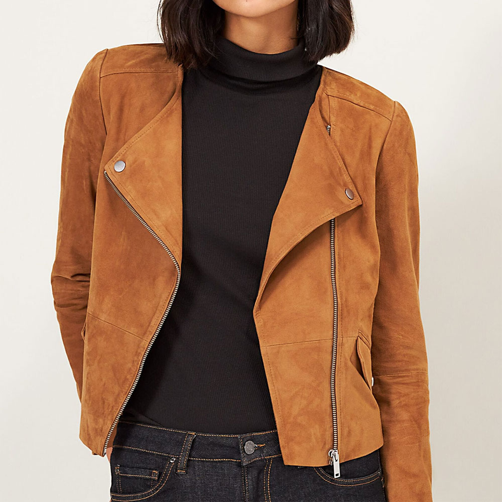 Marol Women's Brown Leather Biker Jacket - Ala Mode