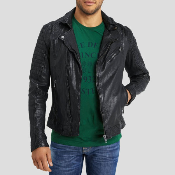 Black quilted leather jacket for men