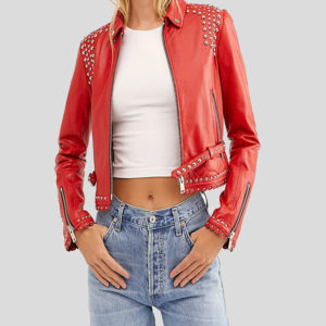 Red studded leather jacket for women