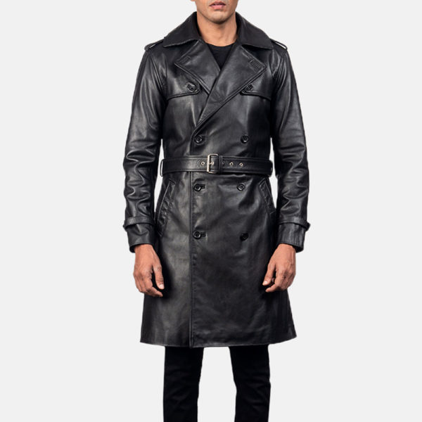 Black leather duster coat for men