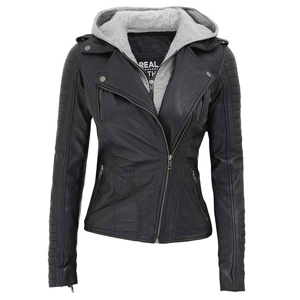 Penelope Women's Black Leather Hooded Jacket - Ala Mode