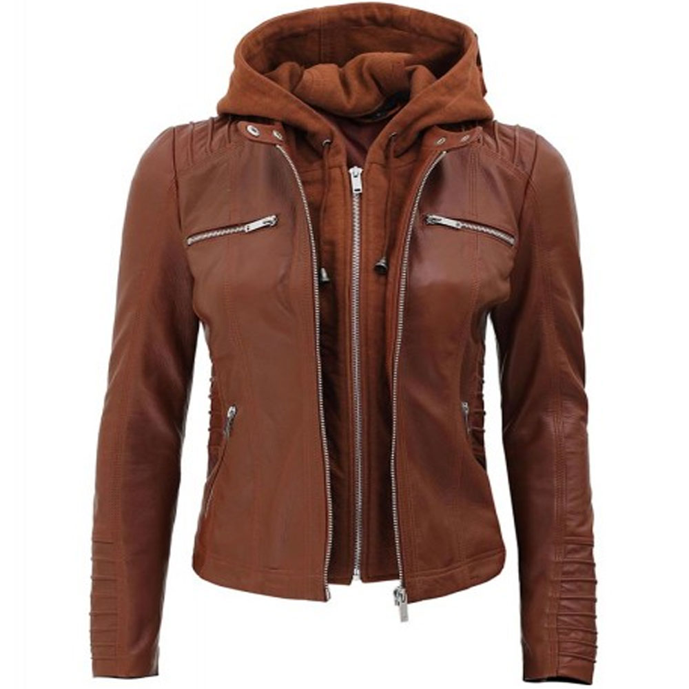 Swabry Women's Brown Leather Hooded Jacket - Ala Mode
