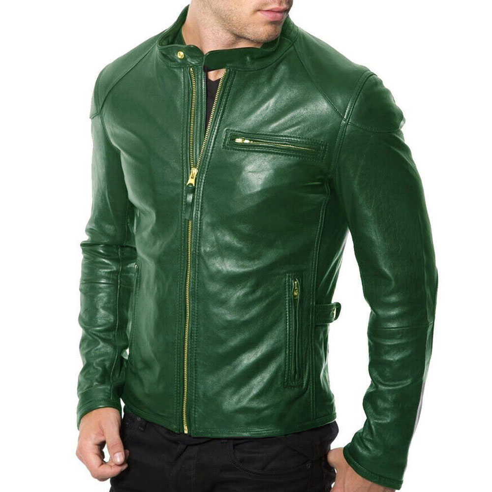 Men's Shinny Green Asymmetrical Zipper Leather Biker Jacket