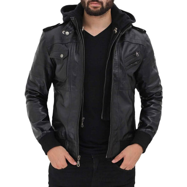 Men's black leather jacket with hood