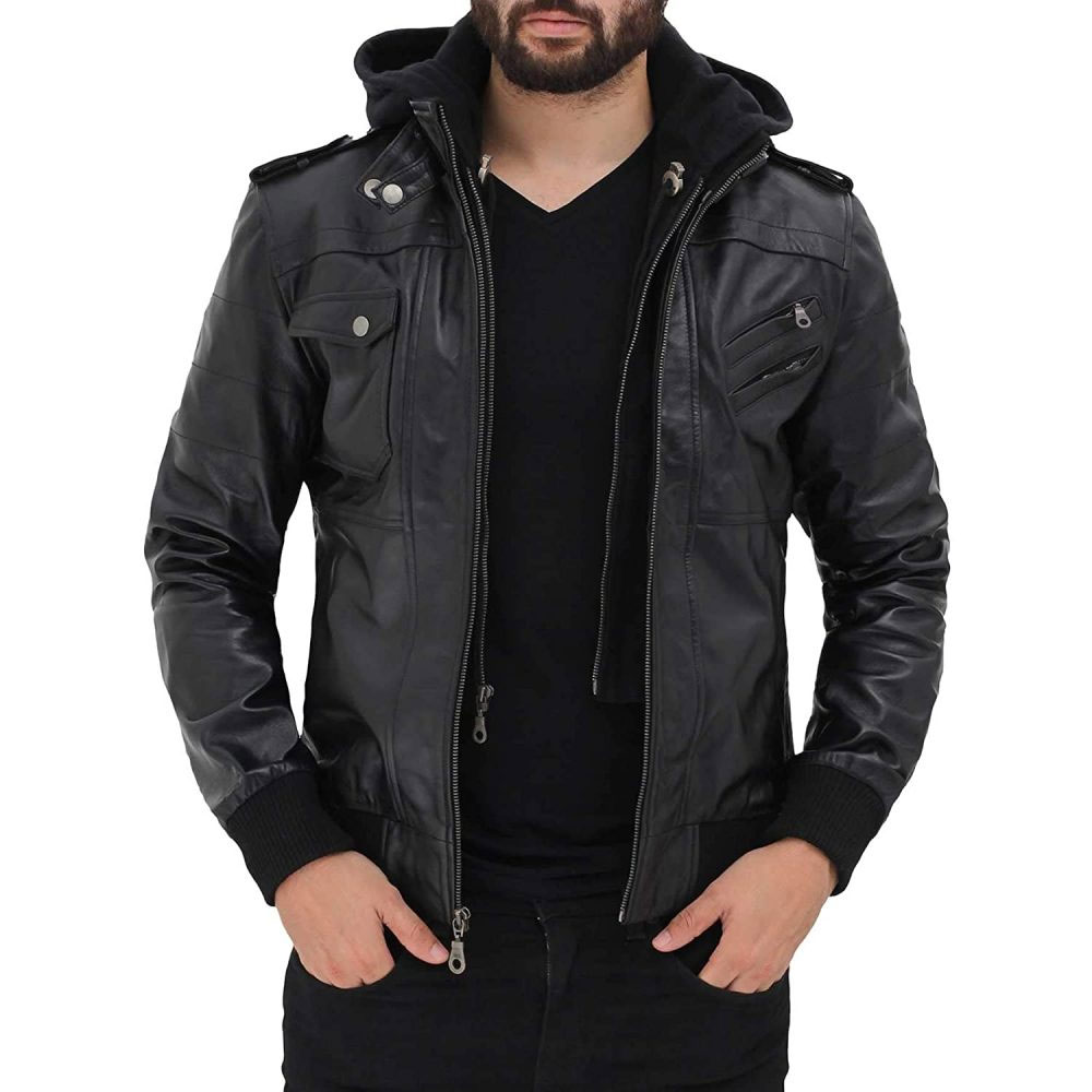 Romo Men's Black Leather Hooded Jacket - Ala Mode