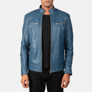 Blue leather biker jacket for men