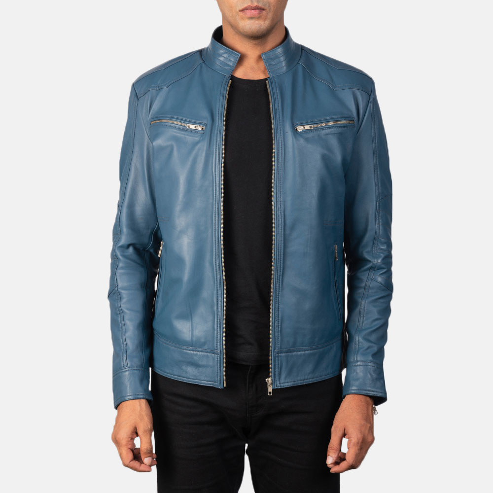 Caleb Men's Blue Leather Biker Jacket - Ala Mode