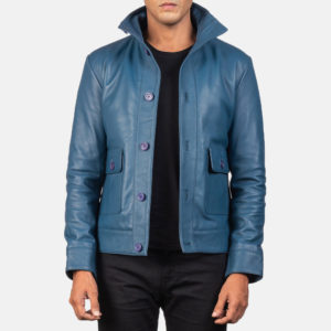 Columbus blue leather bomber jacket for men