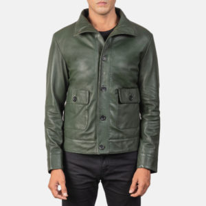 Green leather bomber jacket for men