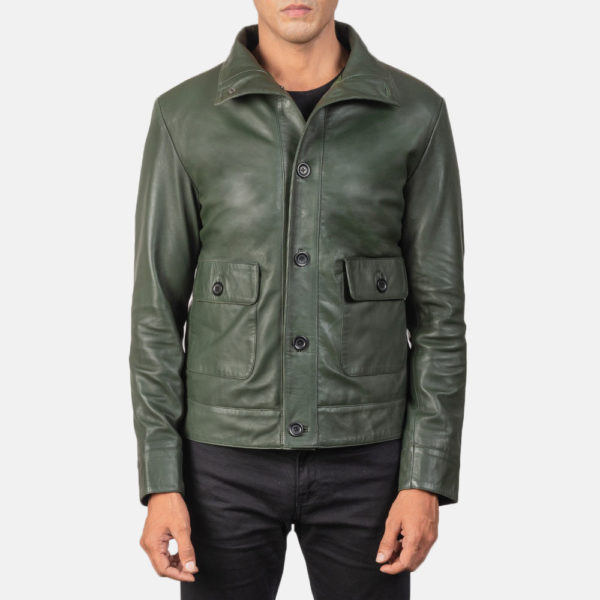 Green leather bomber jacket for men