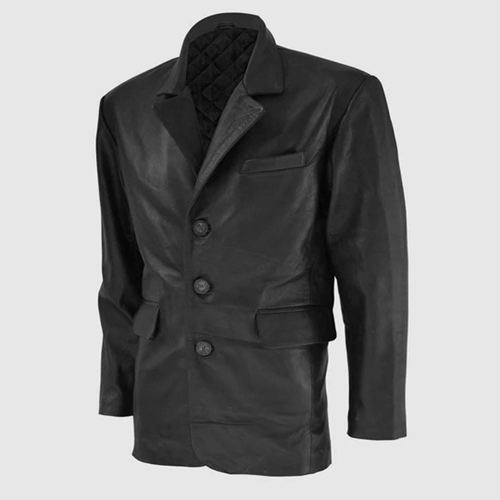 3 Button black leather coat
