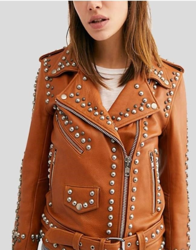 Brown Studded leather jacket for women