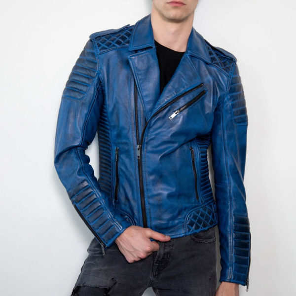 Men's quilted blue leather jacket