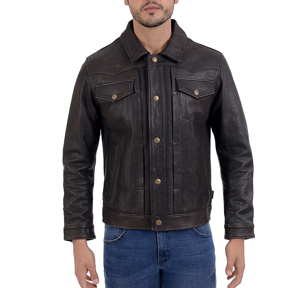 Denton Men's Black Leather Trucker Jacket - Ala Mode