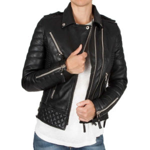 Women's quilted black leather biker jacket