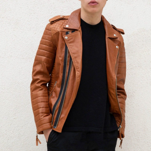 Men's quilted brown leather jacket