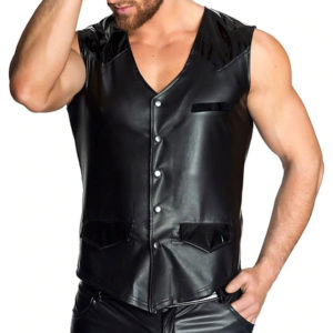 Sleevless black casual leather vest for men