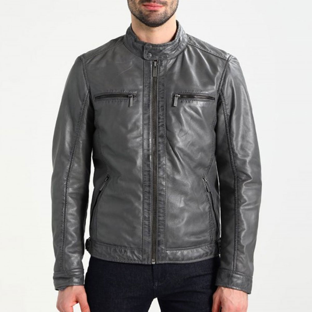 Men Grey Custom Leather Jacket - alamode