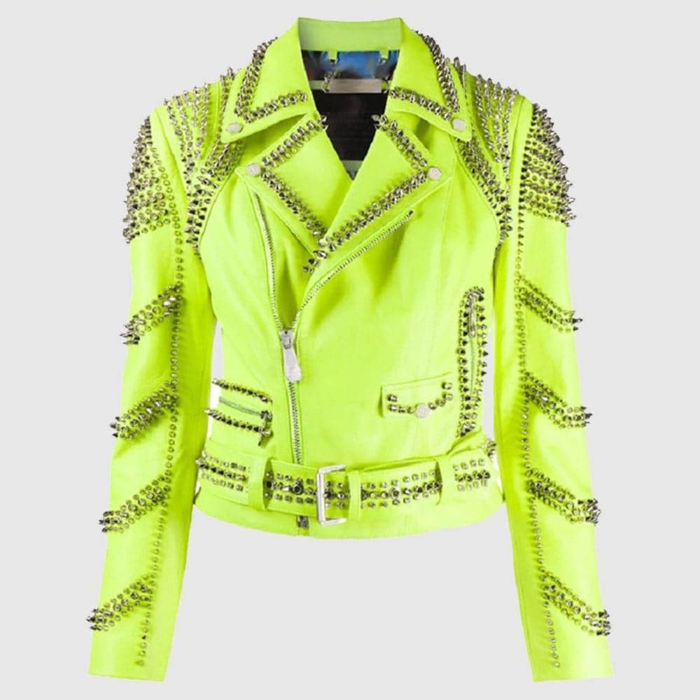 Green studded leather jacket for women