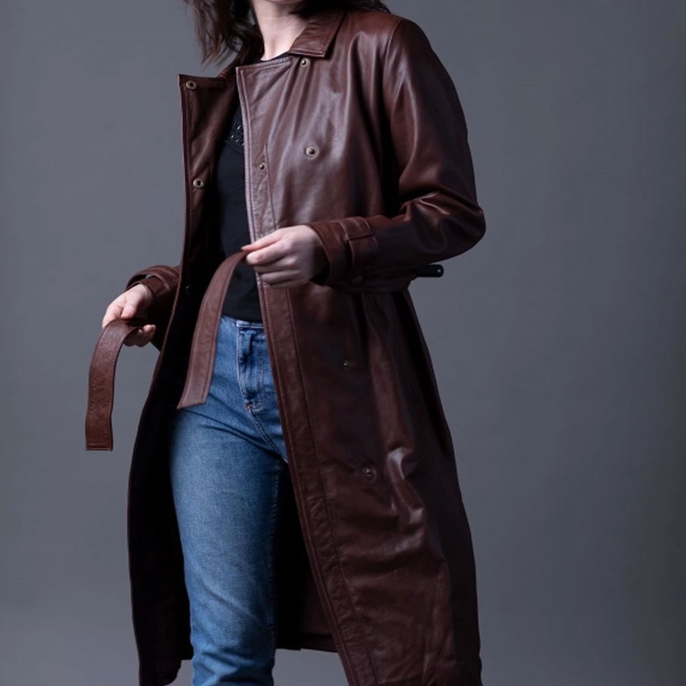 Burgundy long leather trench coat
