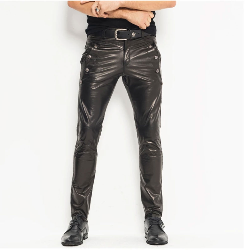 Men's Leather Pants Skinny Moto&Biker Punk Rock Pants Slick Smooth ...