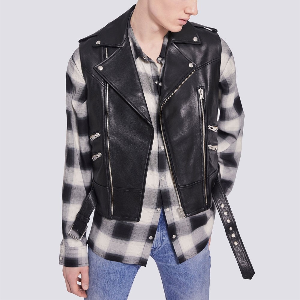 Black sleeveless biker leather jacket