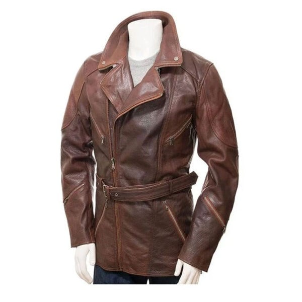 Men's brown belted leather coat
