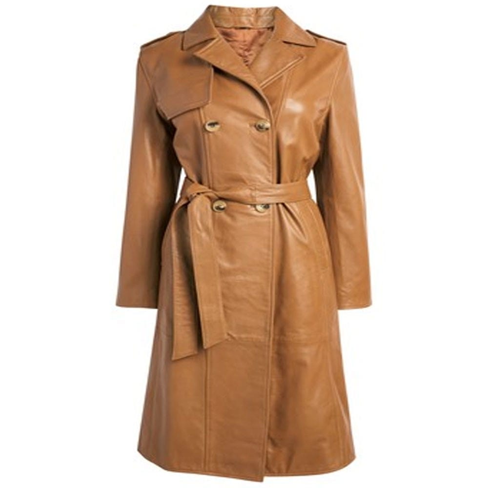 Tan leather belted coat for women