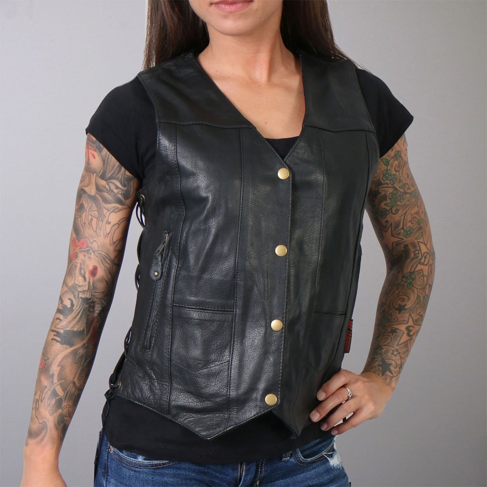Ladies black ten pocket leather vest
